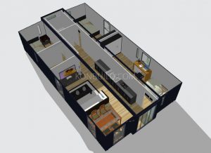 The top 3/4 cutaway view of a container home.