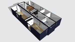 The front 3/4 view of a container home. 2 bedroom. Living and lounge room.
