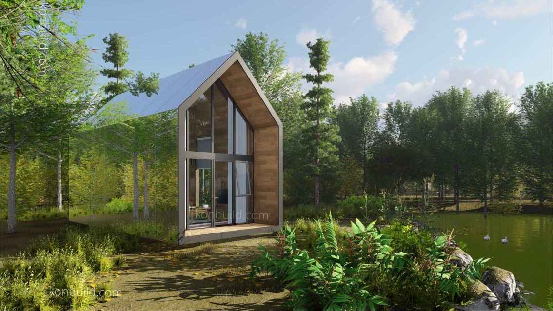 An amazing rendering of a prefabricated modular resort building in the forest with a peaceful lake.