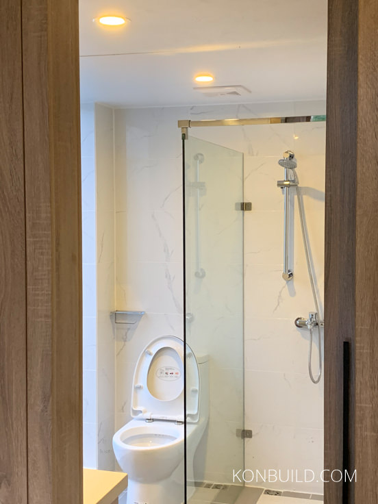 Modular Home Bathroom, modern style with carrara tiles.