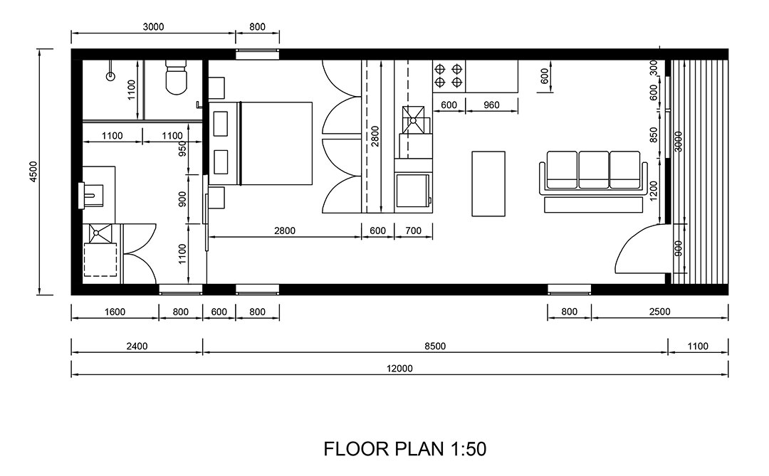 The floor plan of the Oslo Lux one bedroom home.