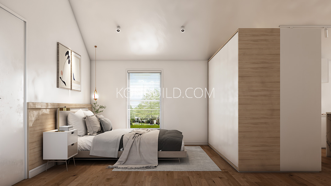 The bedroom of the Solo Lux modular home.