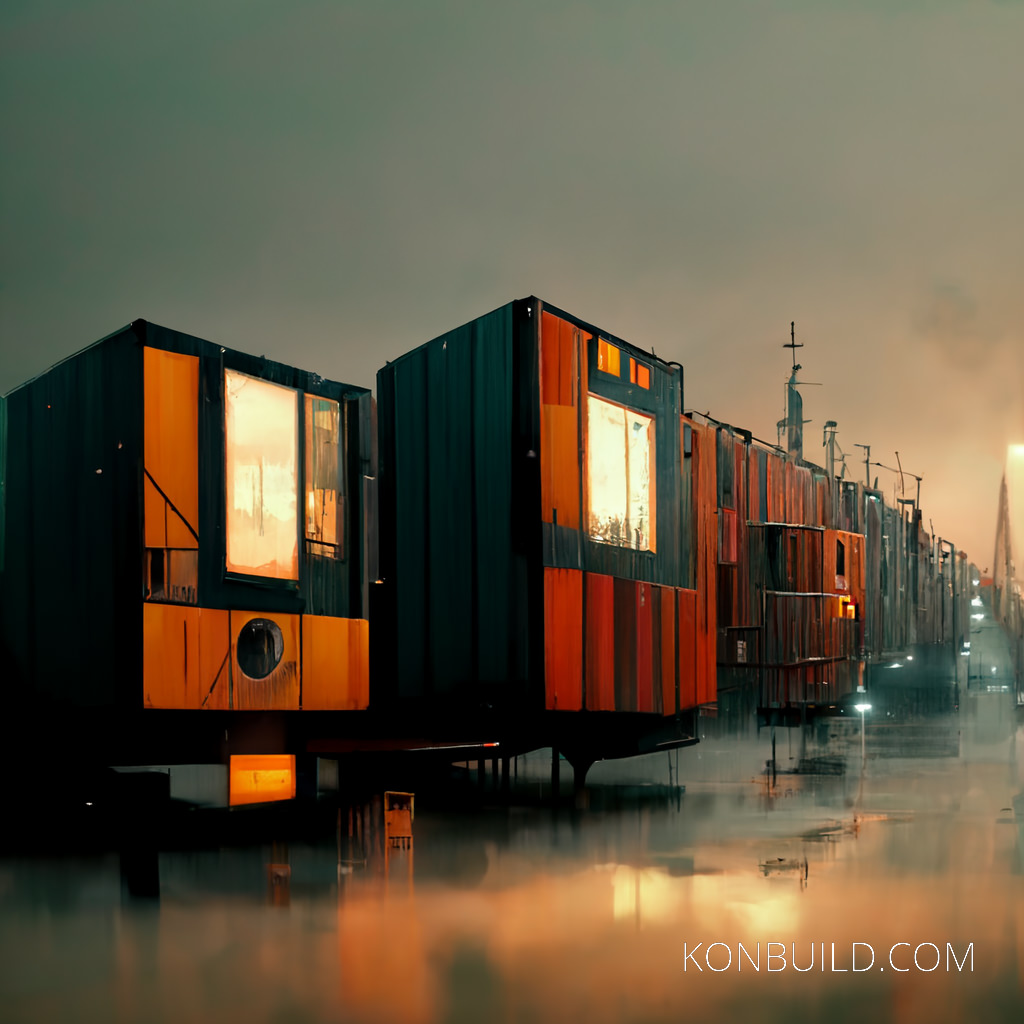 Concept artwork for a row of container homes. Digital painting.
