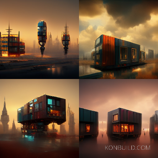 Four different container home city ideas generated using Midjourney.