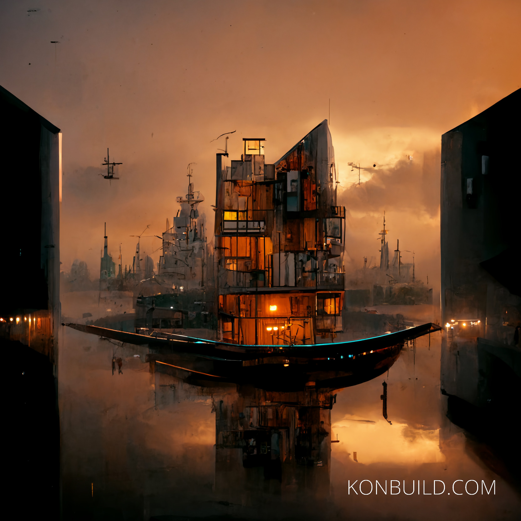 Concept art of container city over lake. Cinematic, modern and somewhat dark.