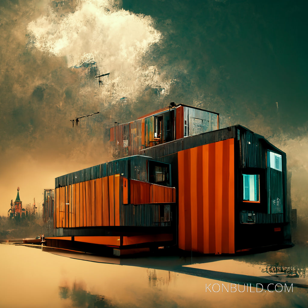A modern container home mansion concept artwork. Orange and dark grey blue theme. Blue windows and reflective water lighting.