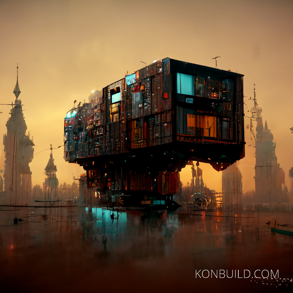 A giant container home city. Concept art created in a blade runner style.