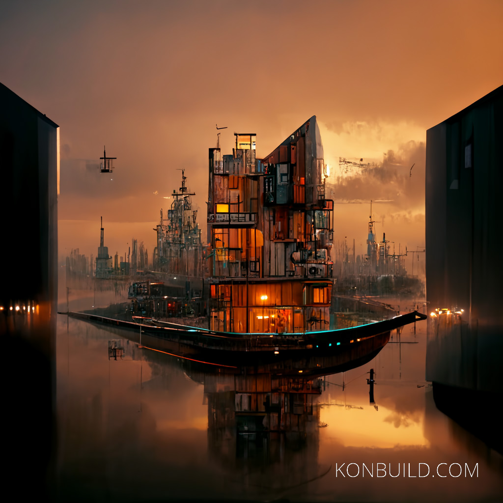 A container home city built surrounded by a lake at dusk with clouds. A dark orange color pallete.