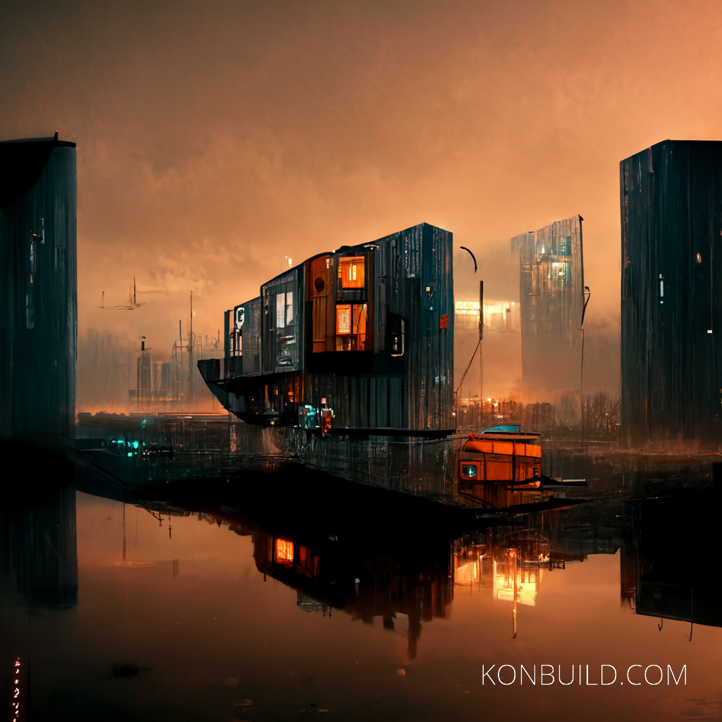 Blade runner style artwork of a container city with a river running through it.