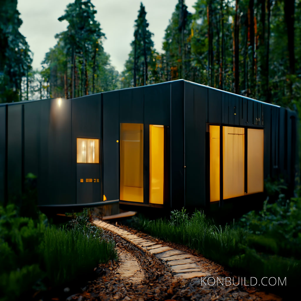 A modern container home cabin in the woods.