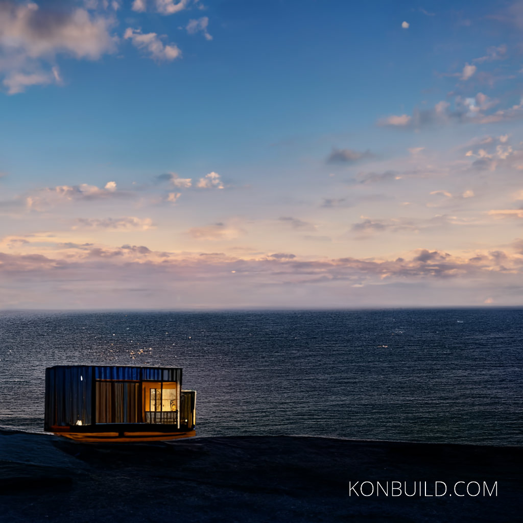 Container home looking out over the ocean concept artwork. Digital matte painting, AI artwork creation.