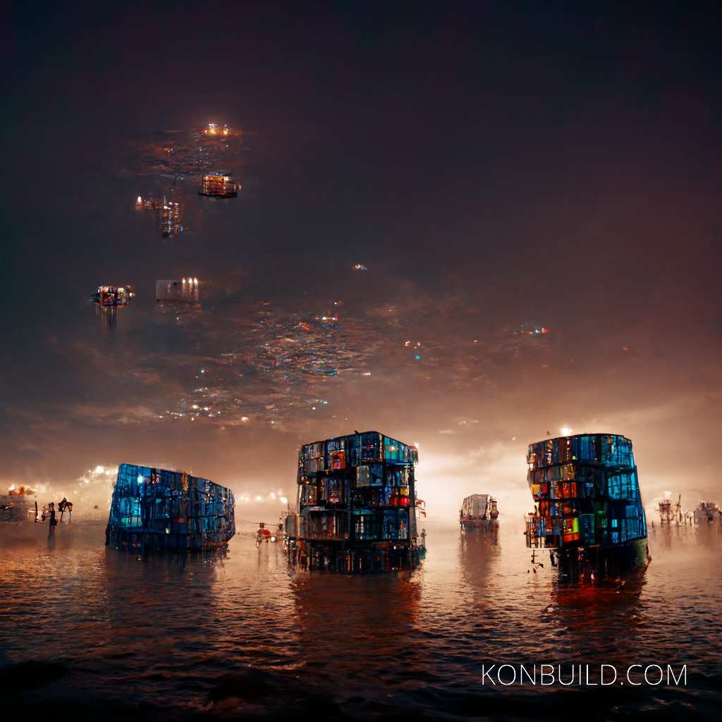 A floating city over a lake.