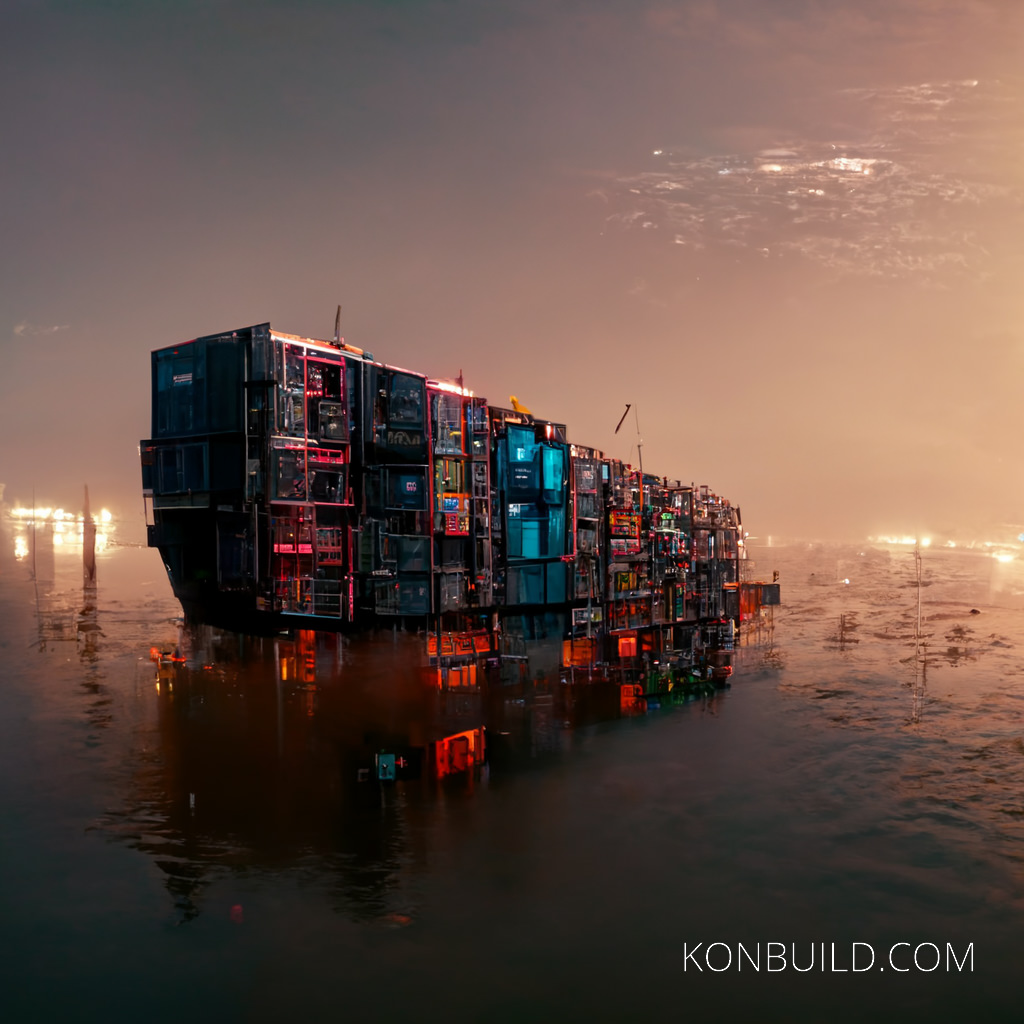 A densely populated container home city, built over a lake. Cinematic lighting, digital matte painting.