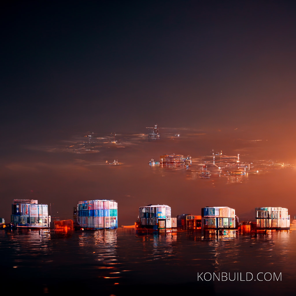 Floating container home concept city over a lake.