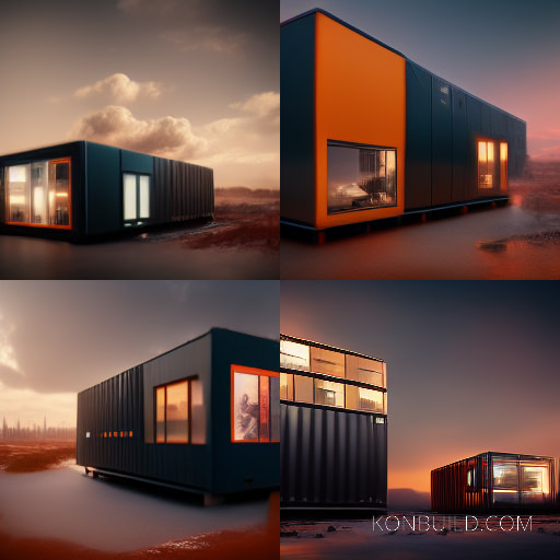Simple container home concepts. Futuristic and built over a desert where rain has recently fallen.