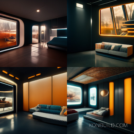 Four different ideas for an interior that could be used in a container home.