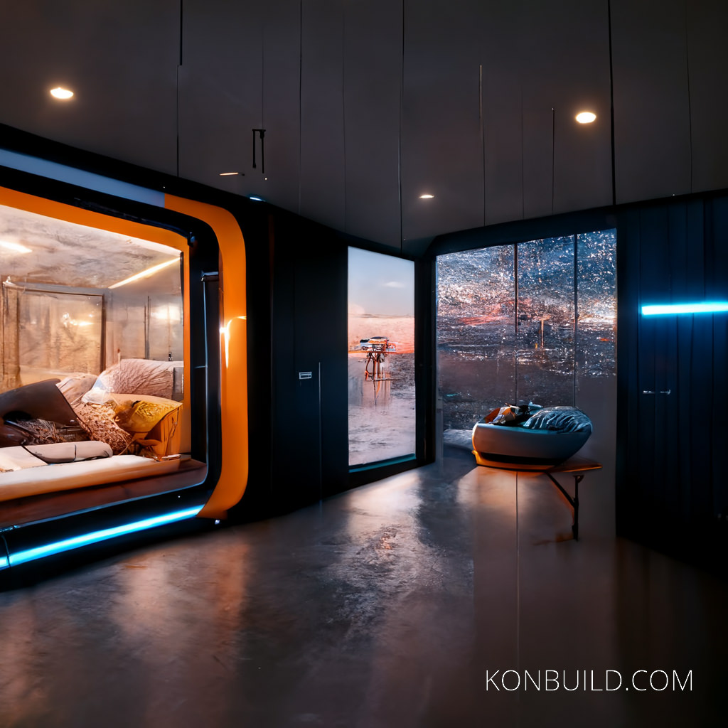 Container home interior design idea. Concept artwork.