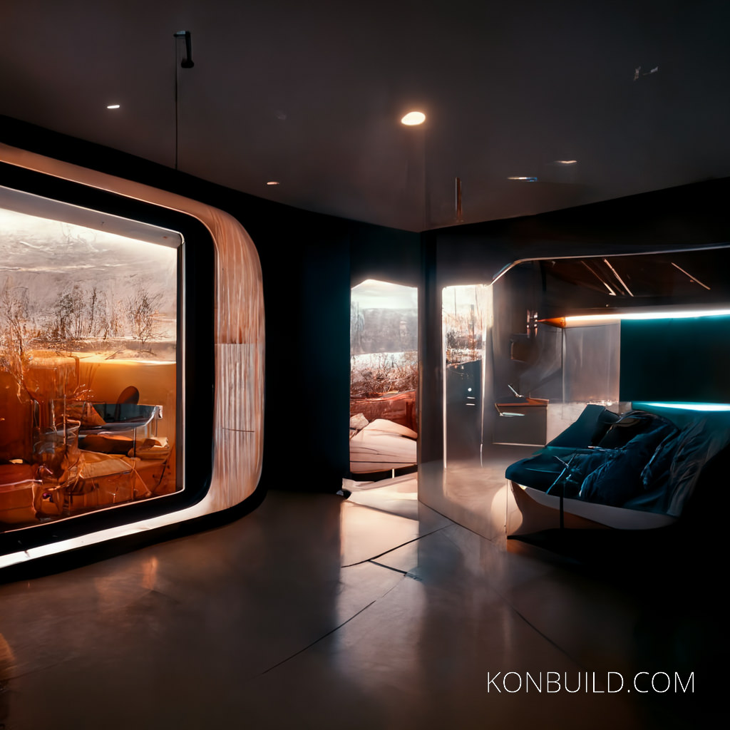 A space age sci fi interior. Black, orange and white.