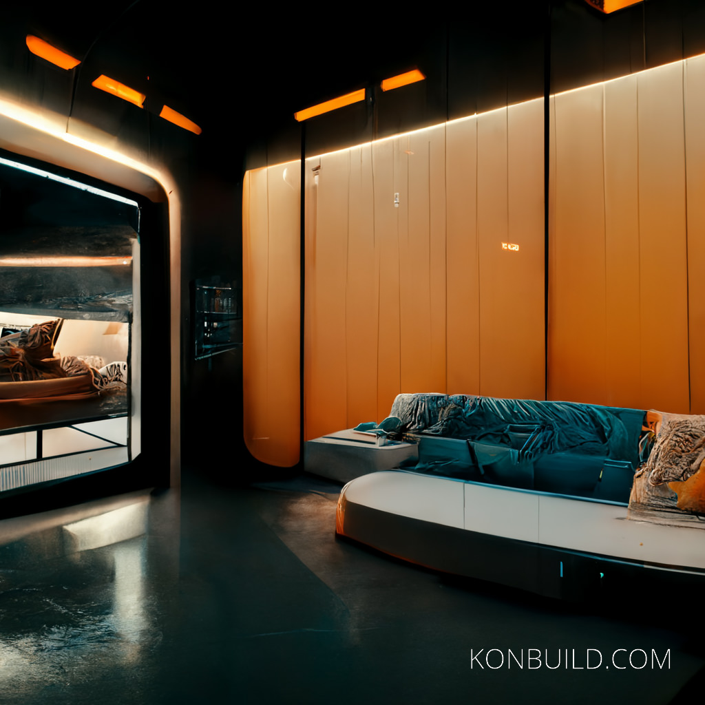 Orange walls and a modern sofa.