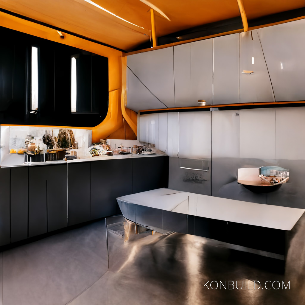 Concept artwork that has a black, white and orange theme. This kitchen is modern, but simple in theme.