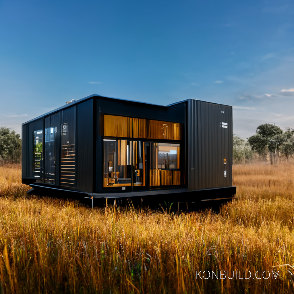 A black container home with large windows and an orange interior.