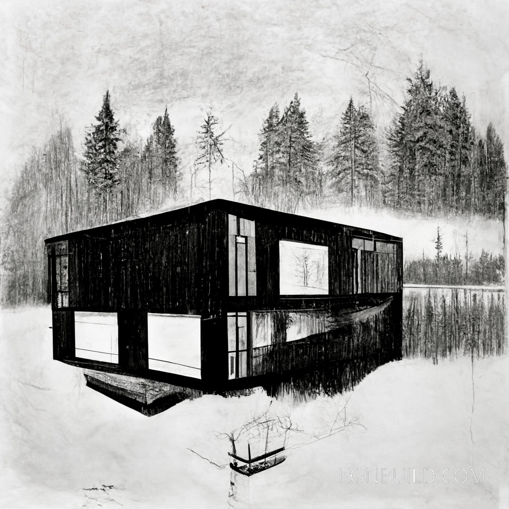 A sketch of a container home concept in the Canadian mountains.