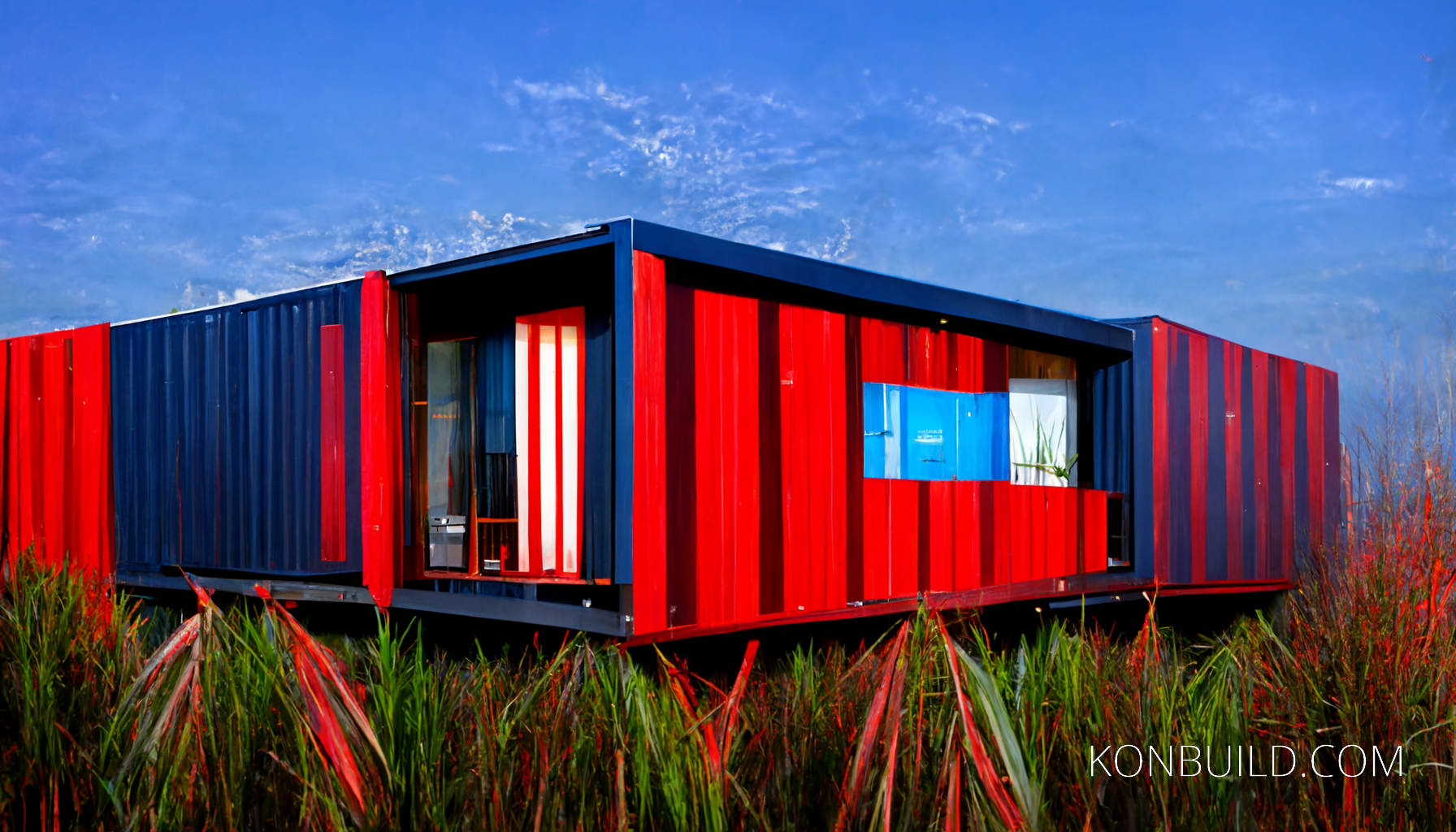 Blue and red container home built over a swamp.