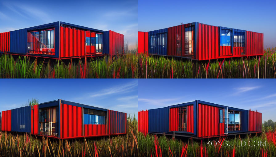 Blue and red container home concept ideas generated with AI.