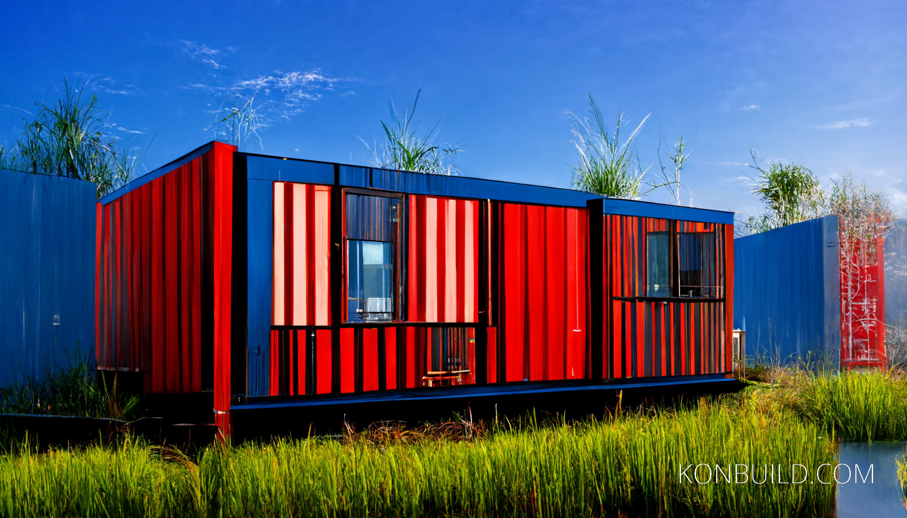 Container home artwork created in MidJourney AI. Built next to a swamp with a bright blue sky.
