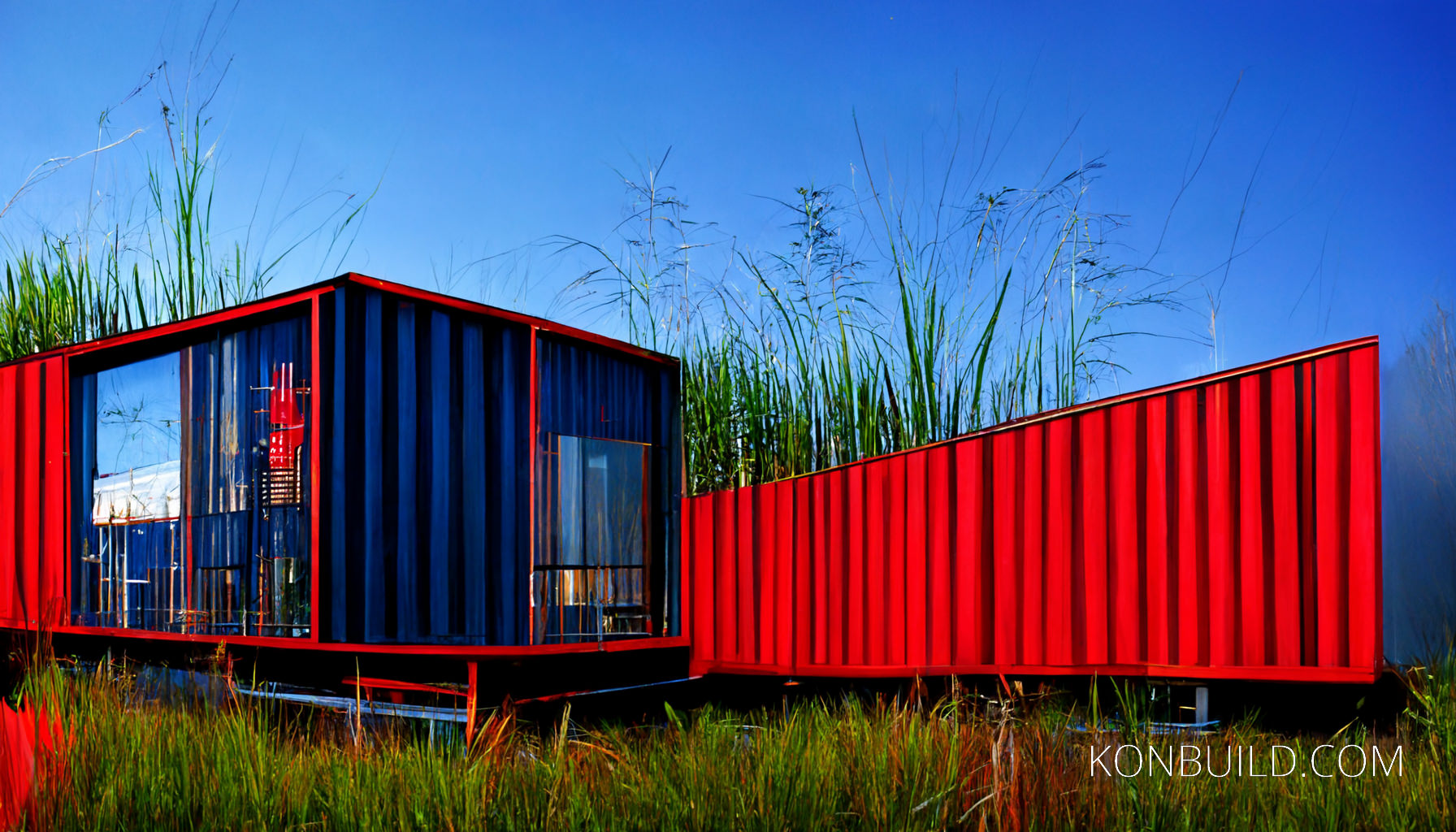 Blue and red container home concept artwork.