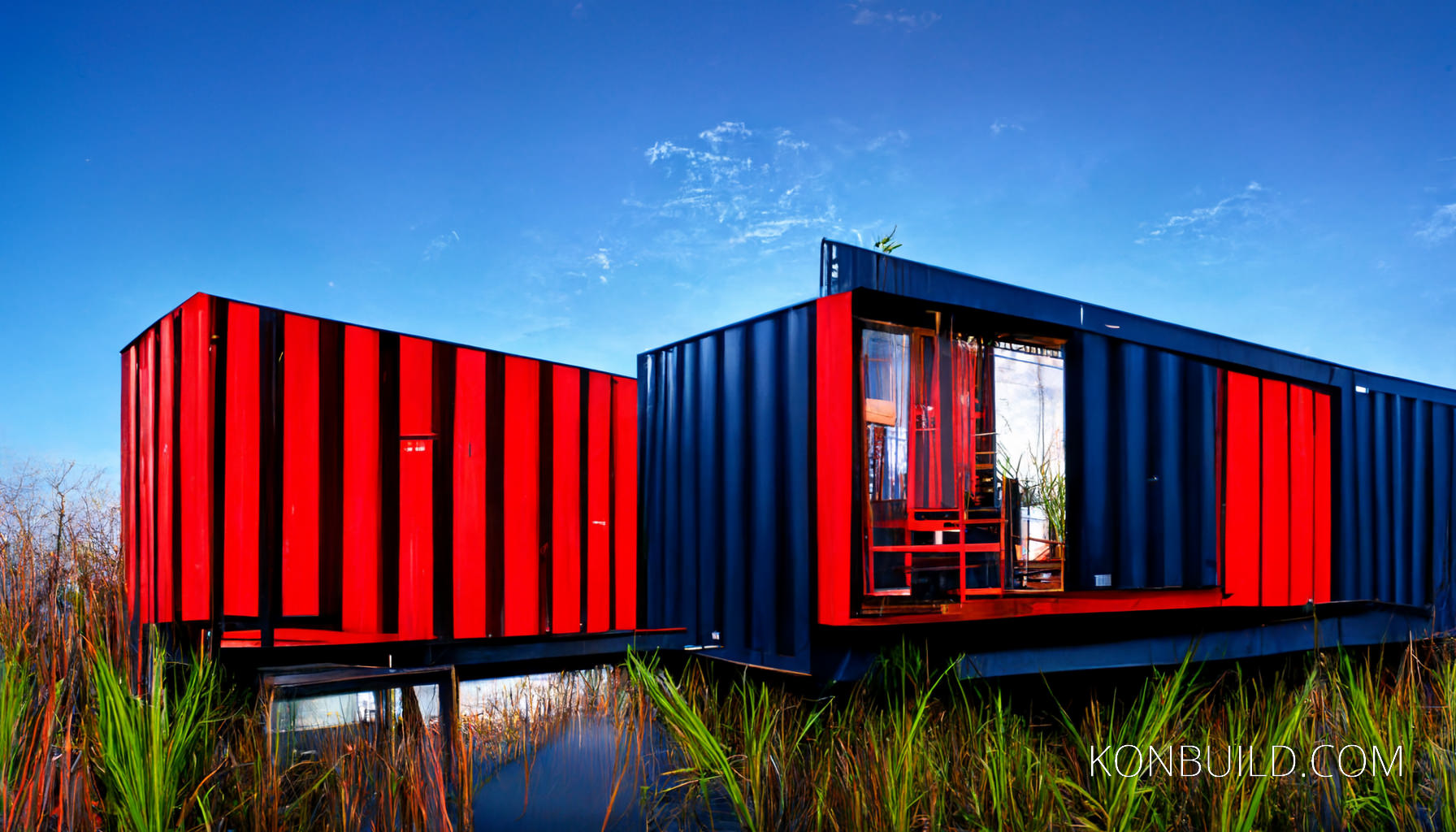 A modern container concept over a lake.