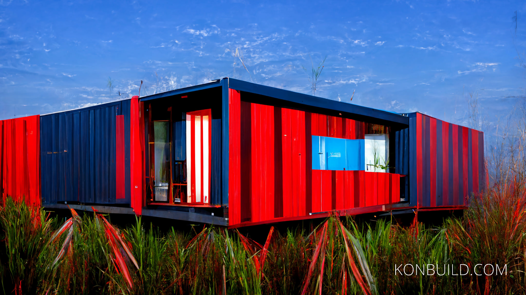 A red and blue container home built over a swamp.