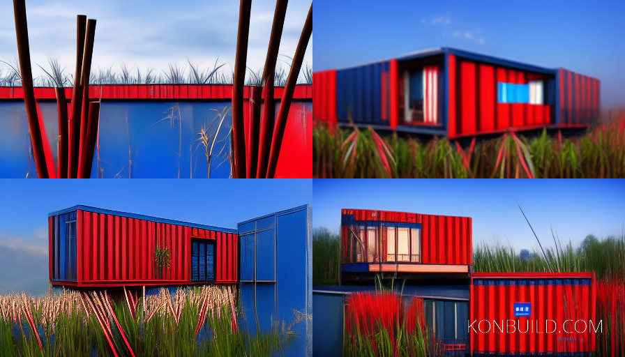 Red and blue container home concept artwork.